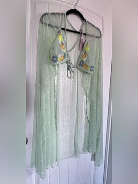 Savage X Fenty Mint Green Floral Mesh Robe with Embroidered Bralette